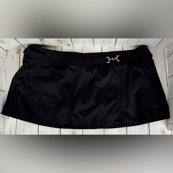 NEW Lands' End Buckle Belted Swim Bottom Skirt Skort 16 Black 12” 0898 - Picture 1 of 6